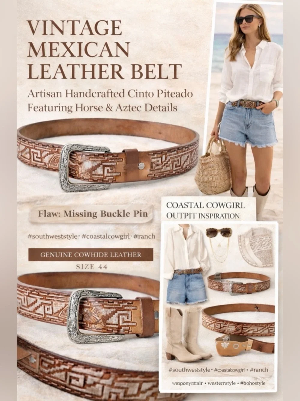 Vintage Western Leather Belt Cinto Piteado Horse Aztec Genuine Cowhide Mexico 44